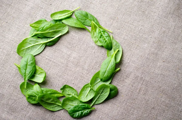 Baby spinazie laat op zak achtergrond. Bovenaanzicht met kopie ruimte, ronde cirkelframe. Gezond, ecologie concept — Stockfoto