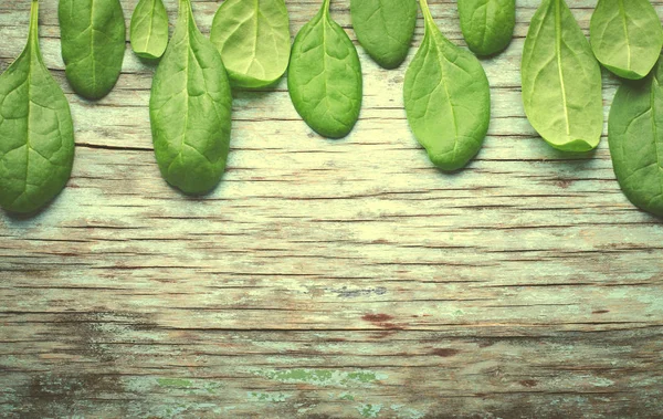 Hojas de espinaca bebé fresco sobre fondo de madera azul. Vista superior con espacio de copia, marco horizontal. Concepto de Ecología saludable — Foto de Stock