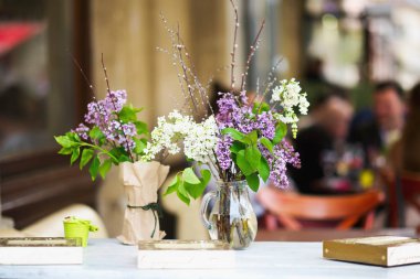 Taze çiçek açan ile şube bahar Eflatun çiçekler vazoda kafede masada