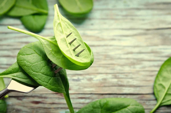 Fresh Baby spinach leaves skewered on a fork, blue wooden background. Top view with copy space, horizontal. Healthy, Ecology concept — Stock Photo, Image