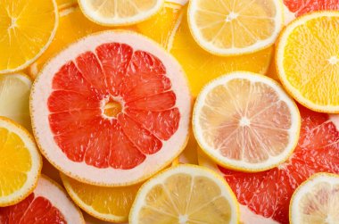 Narenciye meyve dilim limon, portakal, greyfurt arka planı için.