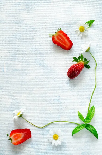 Fresh ripe strawberries and Chamomile flowers frame on blue background