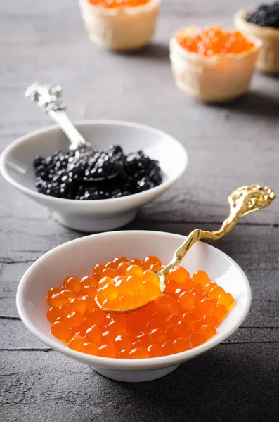 Svart och röd kaviar, förrätt i vita skålar — Stockfoto