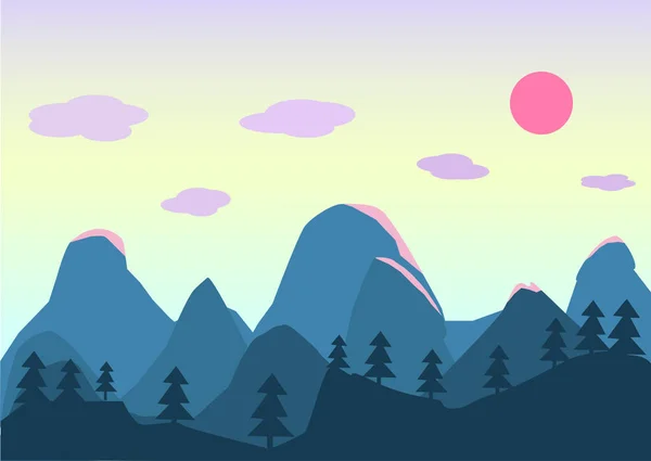 Flachen Stil Landschaft Bergwald Himmel Sonnenuntergang — Stockvektor