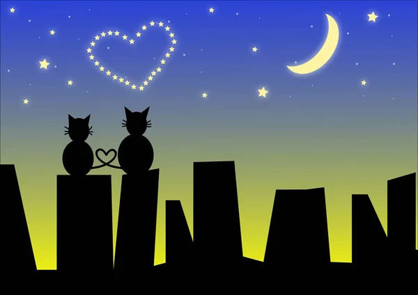 Γάτες στην οροφή της πόλης το βράδυ — Διανυσματικό Αρχείο