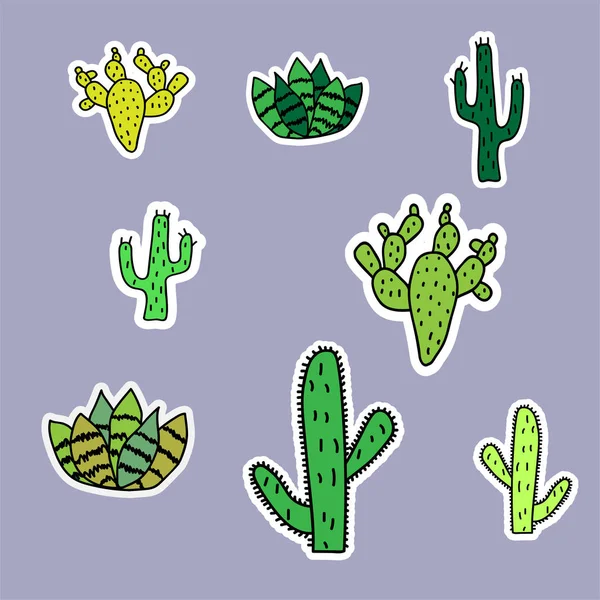 Un set di adesivi per cactus. Immagini semplici di cactus — Vettoriale Stock