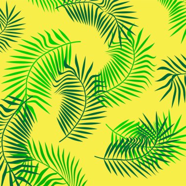 Palmiye yaprakları sarı bir arka plan üzerinde izole siluetleri kümesi.