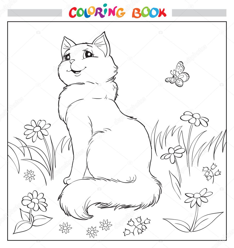 Libro da colorare o pagina Gatto seduto sull erba tra fiori e farfalla —