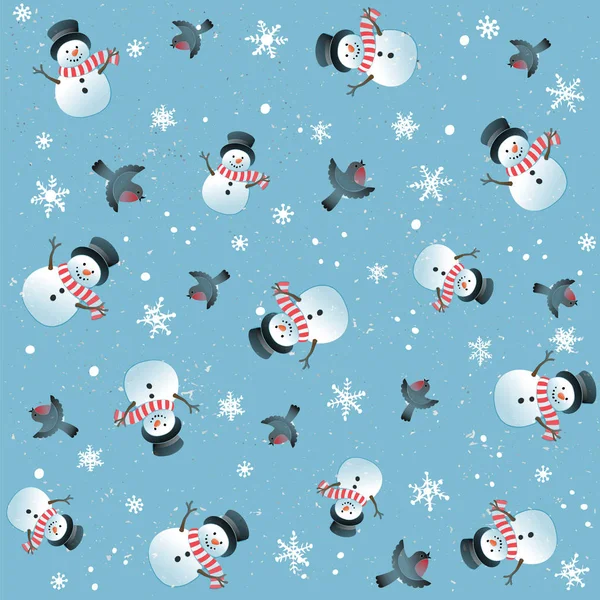 Christmas seamless pattern happy snowman and bullfinches — Stock Vector