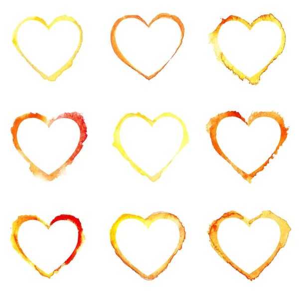 Векторный бесшовный рисунок с желтыми акварельными сердцами. Комплект рамок сердца . — стоковый вектор