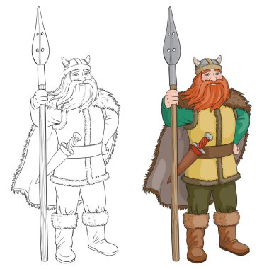 Siyah ve beyaz çizgi film vektör çizim Viking veya Knight