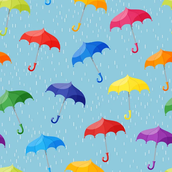 Patrón sin costuras con paraguas multicolores sobre fondo azul claro con lluvia — Vector de stock