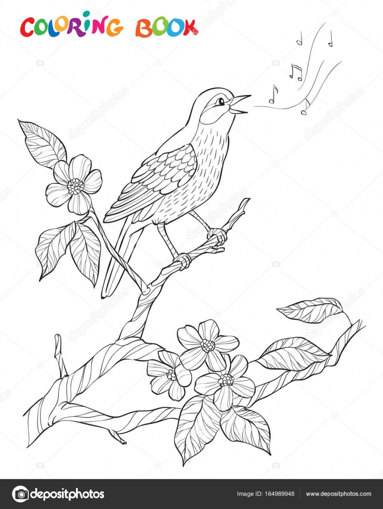 Canta un uccello su un ramo di fioritura Ornato decorativo illustrazione in bianco e nero libro da colorare — Vettoriali di linaflerova
