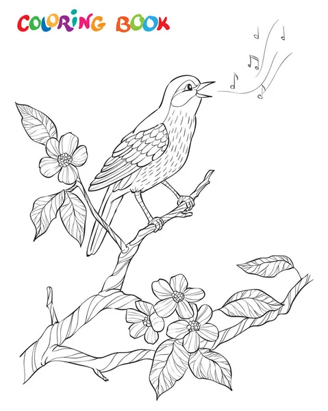 Composizione giardino primaverile. Un uccello canta su un ramo fiorito. Illustrazione decorativa decorativa in bianco e nero . — Vettoriale Stock
