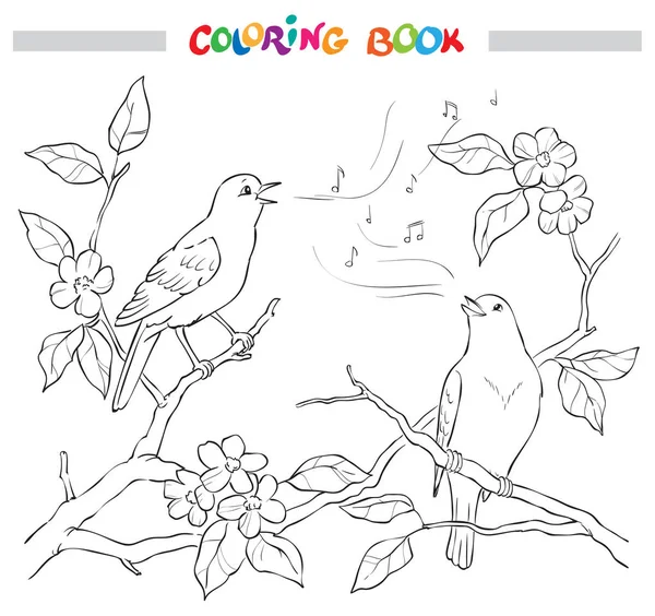 Spring garden composition. A bird sings on a bloom branch. Ornate decorative black and white illustration. — Stock Vector