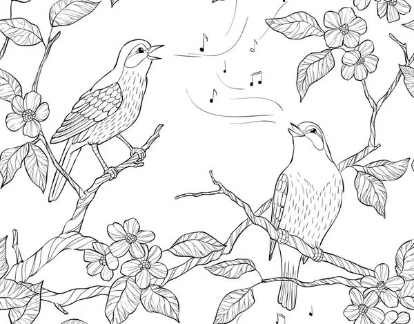 Patrón sin costura vectorial. Composición jardín primavera. Un pájaro canta en una rama floreciente . — Archivo Imágenes Vectoriales