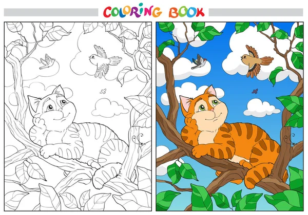 Dibujos animados para colorear gato en una rama y pájaros en el cielo . — Archivo Imágenes Vectoriales