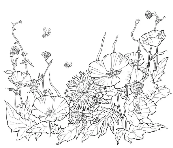 Malbuch mit handgezeichneten Blumen. Schwarz-Weiß-Illustration. — Stockvektor