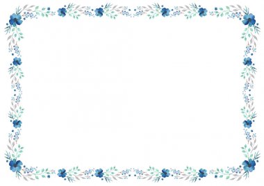 Beyaz arka plan üzerinde çerçeve çiçek şablon mavi çiçekli ve girdap bırakır.