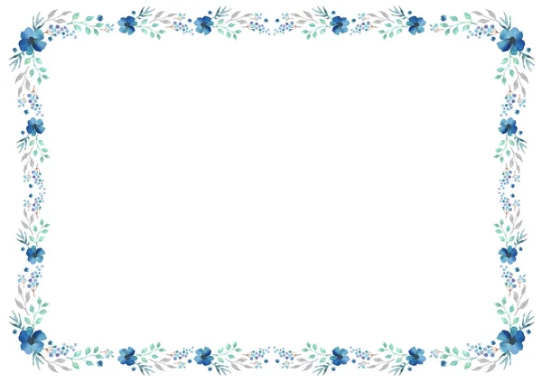 Plantilla de marco floral con flores azules y hojas giratorias sobre fondo blanco . — Vector de stock