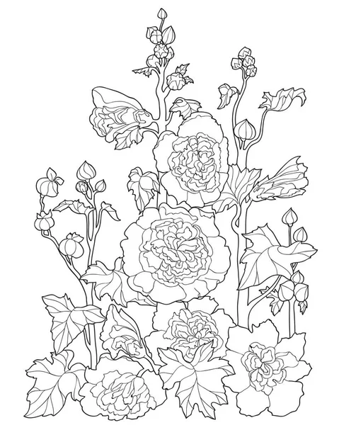 Vector zwart witte contour eenvoudige schets van fantasie bloemen — Stockvector