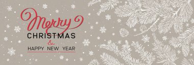 Kahverengi üzerinde yılbaşı ağacı dalları olan Noel afişi. Mutlu yıllar..