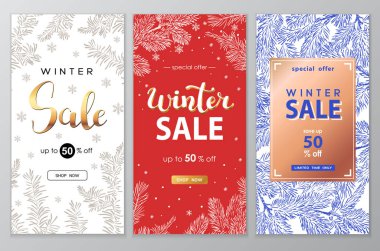 Alışveriş promosyonu için indirimli metin ve kar unsurları içeren kış satış vektörü posteri.