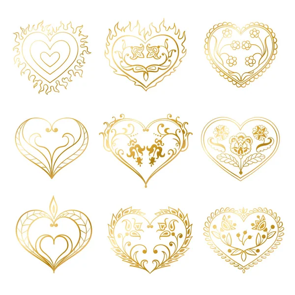 Conjunto vectorial de corazones dorados. Corazones dibujados a mano creativos para el diseño de tarjetas — Archivo Imágenes Vectoriales