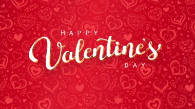 Kırmızı kalplerin arka planında vektör beyaz sevgililer günü yazısı.