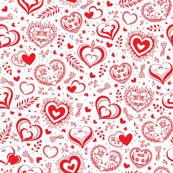 Patrón romántico sin costuras con bonitos corazones dibujados a mano con flores y hojas. Diseño del patrón para el día de San Valentín . — Vector de stock