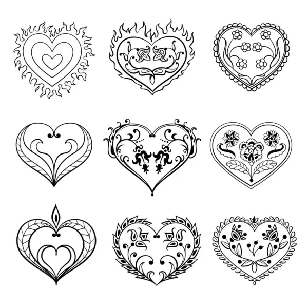 Vektor-Set aus schwarzen und weißen dekorativen Herzen. Kreative handgezeichnete Herzen für Kartengestaltung — Stockvektor
