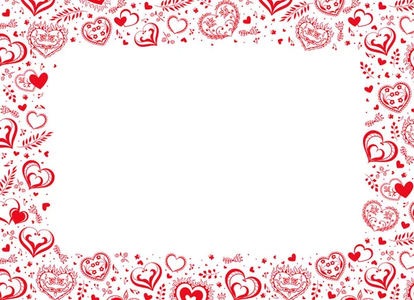 Vector white background with hand drawn creative hearts and flowers in folk style. Romantic frame. — Stock Vector