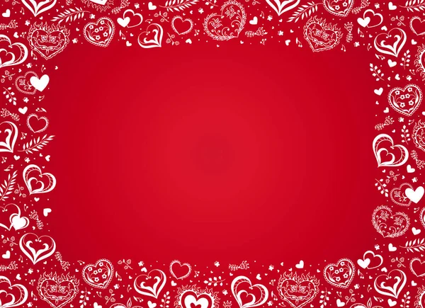 Vector red background with hand drawn creative hearts and flowers in folk style. Romantic frame. — Stock Vector
