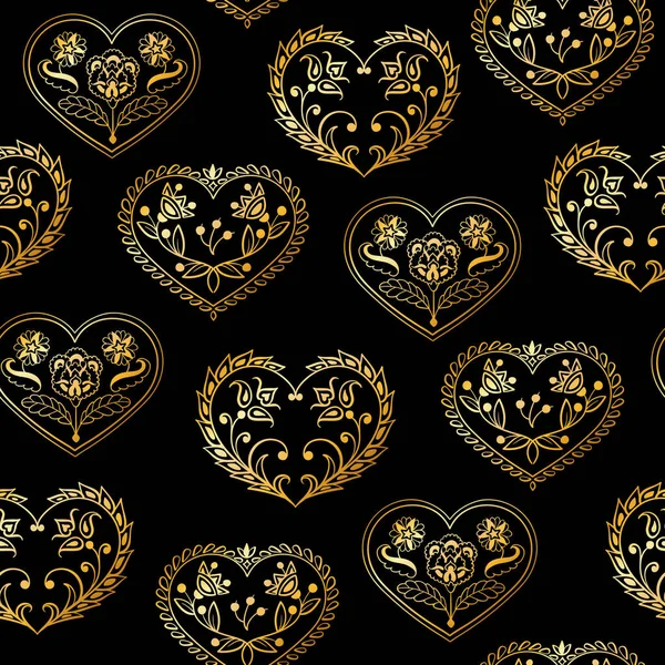 Patrón romántico sin costuras con bonitos corazones dibujados a mano con flores y hojas. Diseño del patrón para el día de San Valentín . — Archivo Imágenes Vectoriales