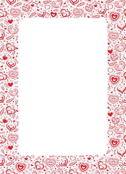 Vektor weißen Hintergrund mit handgezeichneten kreativen Herzen und Blumen im Folk-Stil. romantischer Rahmen. — Stockvektor