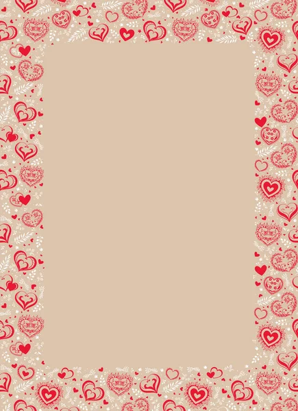 Fondo blanco vectorial con corazones creativos dibujados a mano y flores en estilo folclórico. Marco romántico . — Vector de stock