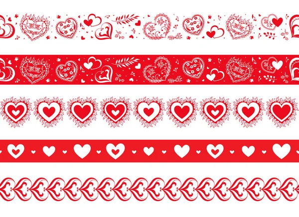 Vector seamless border set with hearts. Red and white vintage hearts. — Stock Vector