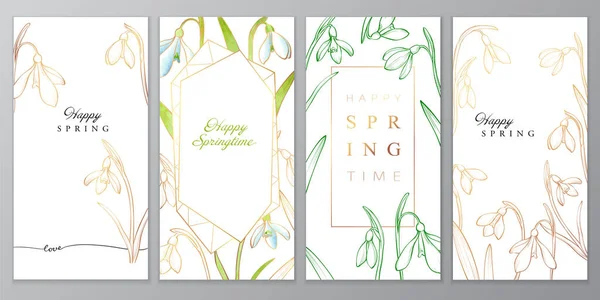 Virágvektor kártya arany hóvirágokkal, boldog tavaszi kártyát. — Stock Vector