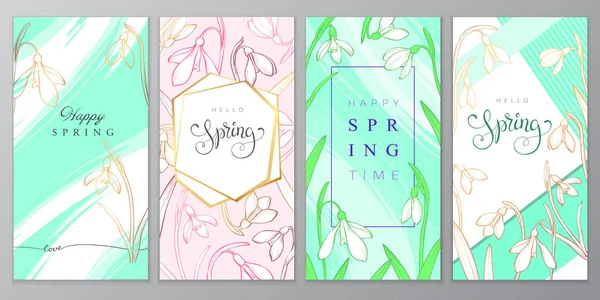 Floral vector card with golden snowdrops, happy spring card. — Stock Vector