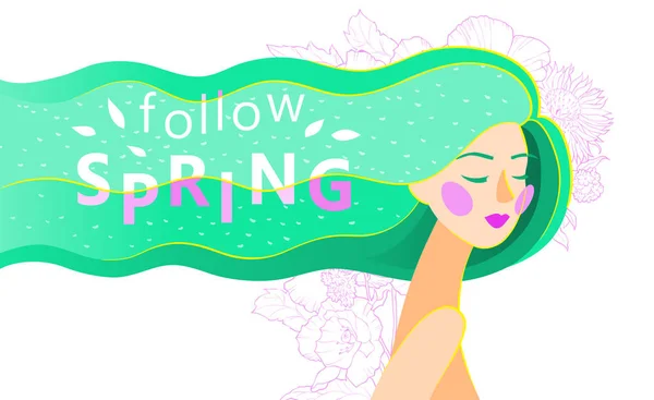 Illustration vectorielle abstraite d'une fille aux longs cheveux verts avec texte de printemps suivre . — Image vectorielle
