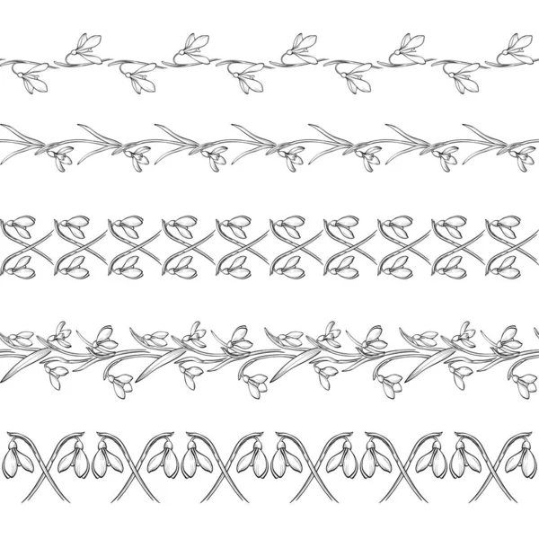 Florale Schwarz-Weiß-Kollektion mit nahtlosem Rand im Linienstil. Set aus niedlichen Retro-Schneeglöckchen-Elementen für Rahmen — Stockvektor