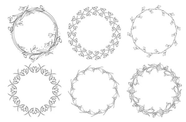 Colección de marcos en blanco y negro floral en estilo de línea. Conjunto de lindas gotas de nieve retro dispuestas en una forma del círculo — Archivo Imágenes Vectoriales