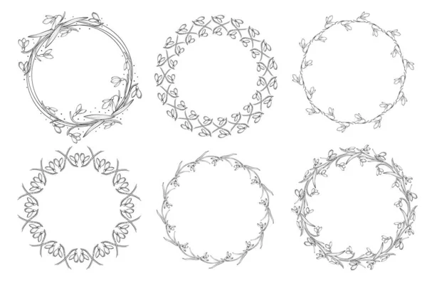 लाइन शैली में पुष्प काले और सफेद फ्रेम संग्रह। सुंदर रेट्रो स्नोड्रॉप का सेट सर्किल के आकार के बिना व्यवस्थित — स्टॉक वेक्टर