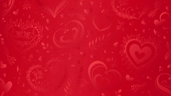 Fondo rojo vectorial con corazones y flores dibujadas a mano. Se puede utilizar para póster, tarjeta de felicitación e invitaciones . — Vector de stock