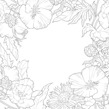 Metnin için yeri olan vektör çiçek çerçevesi. Beyaz arka planda çayır çiçekleri. Renklendirme çerçevesi