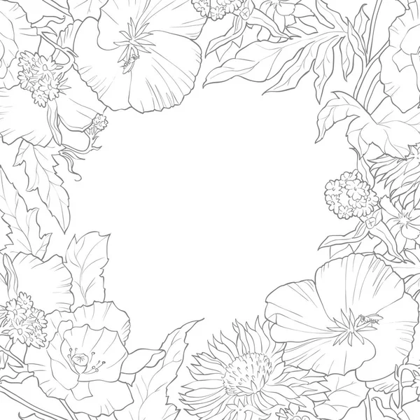 Vektorblumenrahmen Mit Platz Für Ihren Text Wiesenblumen Auf Weißem Hintergrund — Stockvektor