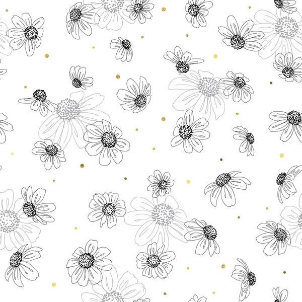 Vector Seamless Pattern Hand Drawn Daisy Flowers Golden Dots — Stock Vector