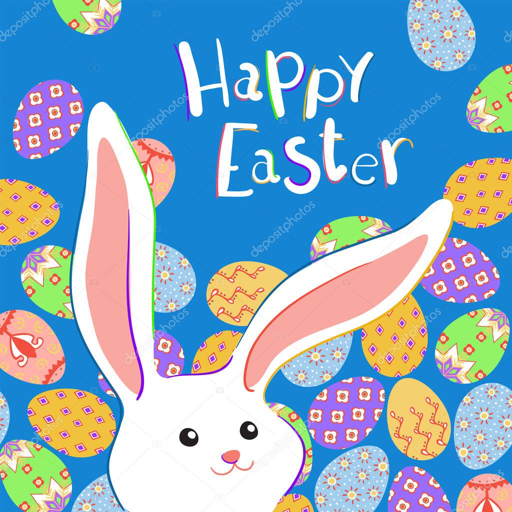 Happy Easter greeting card with colorful bunny. Vector illustration for Easter day