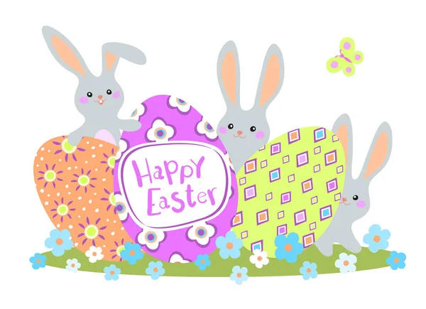 Frohe Ostergrüßkarte Mit Bunten Eiern Und Häschen Auf Weißem Hintergrund — Stockvektor