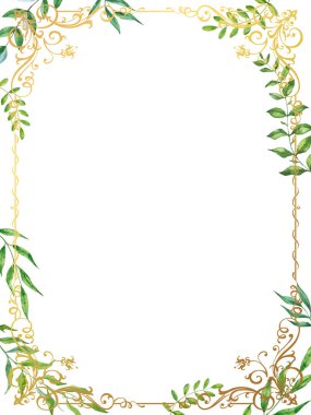 Suluboya bitkisel karışım vektör çerçevesi. El boyaması bitkiler, dallar ve yapraklar beyaz arka planda. Doğal yapraklı kart tasarımı